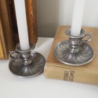 Set of two vintage candlestick holders | Tiny pewter candlestick holders | Small chamber style candle holders | Pewter candle holders