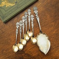 Set of six vintage teaspoons and a cake server | Vintage alpacca silver teaspoons | Vintage teaspoons | Rose teaspoon set and a cake server