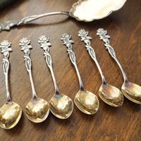 Set of six vintage teaspoons and a cake server | Vintage alpacca silver teaspoons | Vintage teaspoons | Rose teaspoon set and a cake server