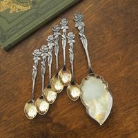 Set of six vintage teaspoons and a cake server | Vintage alpacca silver teaspoons | Vintage teaspoons | Rose teaspoon set and a cake server