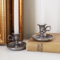 Set of two vintage candlestick holders | Tiny pewter candlestick holders | Small chamber style candle holders | Pewter candle holders