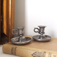 Set of two vintage candlestick holders | Tiny pewter candlestick holders | Small chamber style candle holders | Pewter candle holders