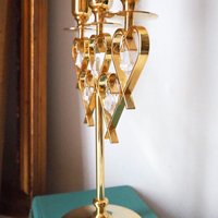 Vintage crystal candelabrum | Vintage three arm candle holder | Gold plated candelabra | Vintage heart candelabrum