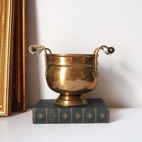 Vintage brass planter with ceramic handles | Vintage brass planter | Footed brass planter | Vintage planter
