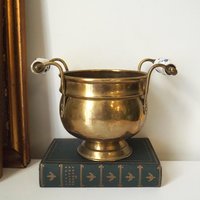 Vintage brass planter with ceramic handles | Vintage brass planter | Footed brass planter | Vintage planter