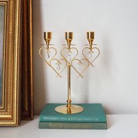 Vintage crystal candelabrum | Vintage three arm candle holder | Gold plated candelabra | Vintage heart candelabrum