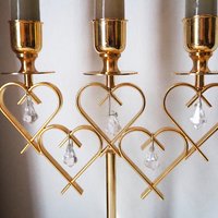 Vintage crystal candelabrum | Vintage three arm candle holder | Gold plated candelabra | Vintage heart candelabrum