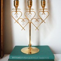 Vintage crystal candelabrum | Vintage three arm candle holder | Gold plated candelabra | Vintage heart candelabrum
