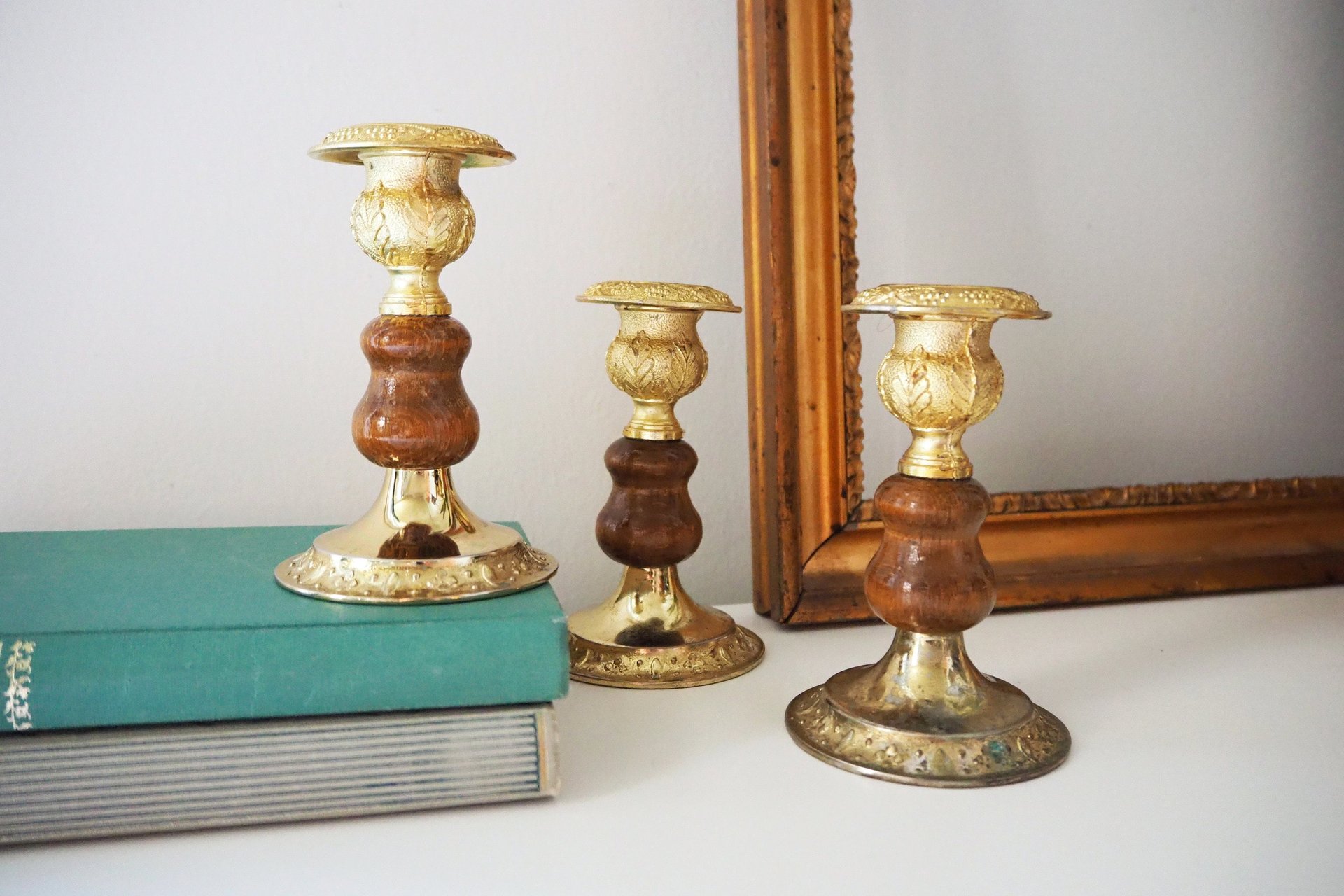 Set of three vintage candlestick holders | Gold plated candle holders | Vintage gold and wood candle holders | Made in England