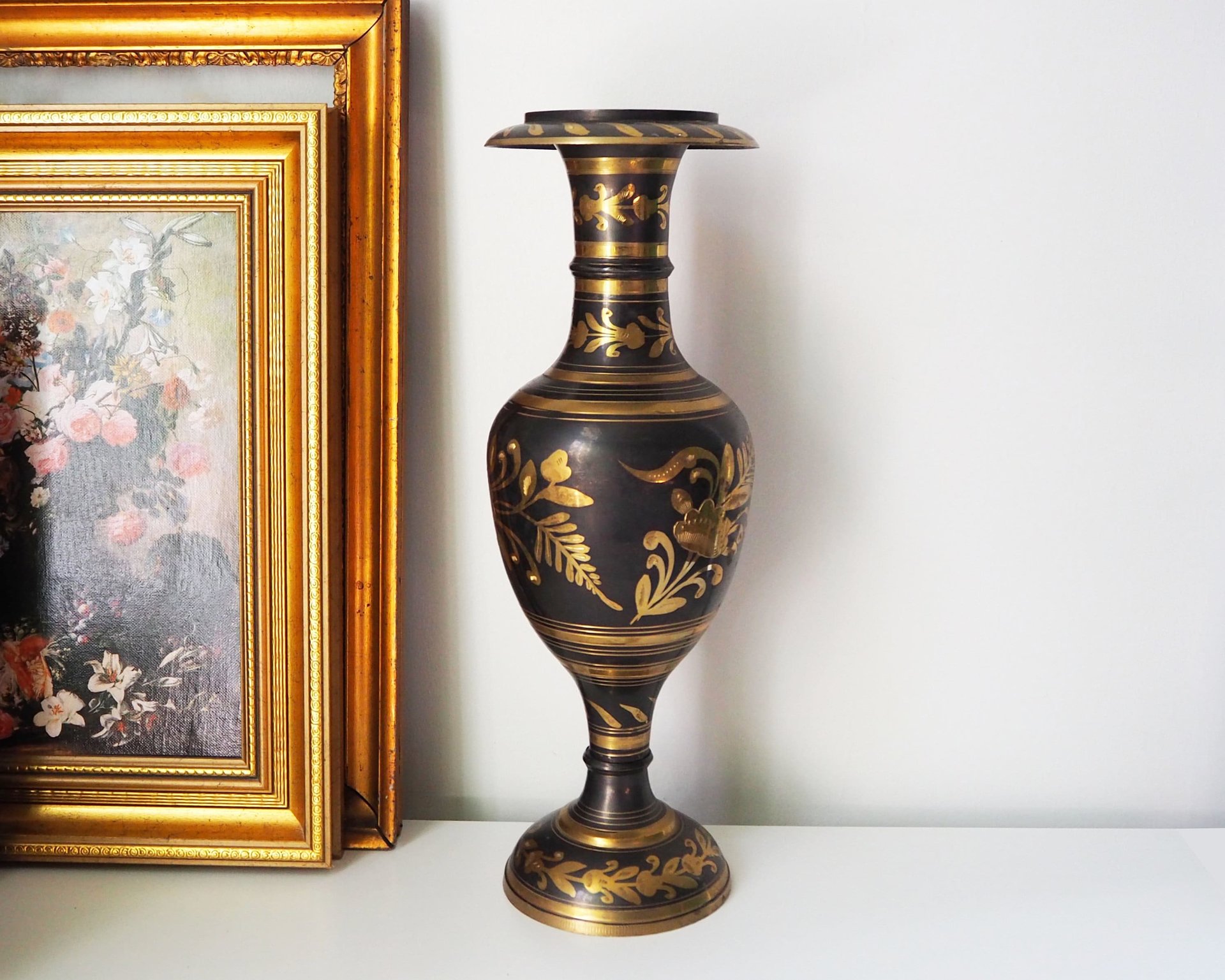 Vintage brass vase | Large vintage vase | Black brass vase | Etched floral brass vase black