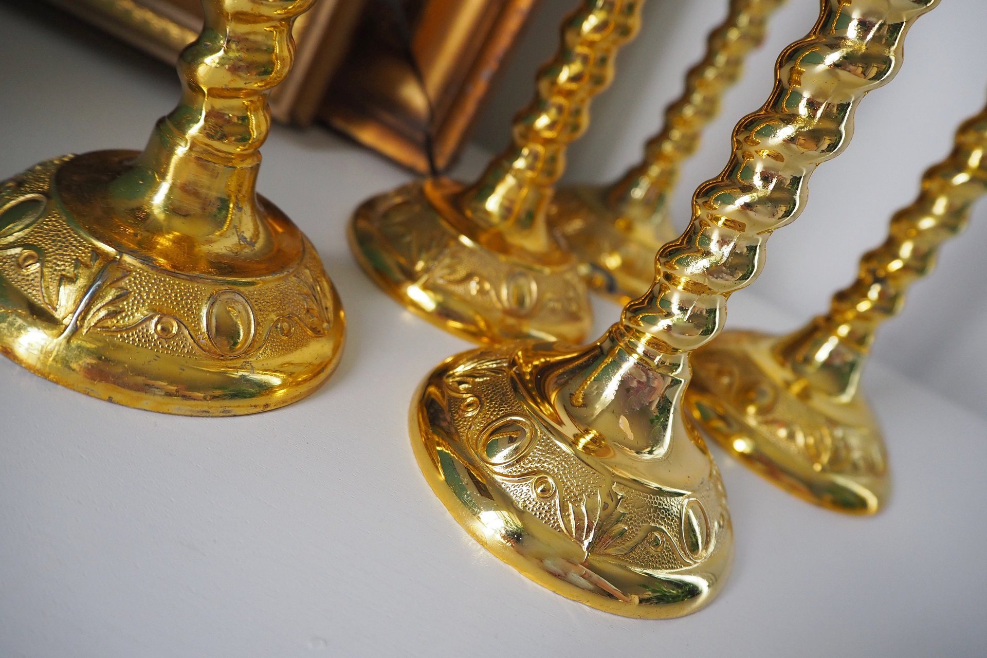 Set of five vintage candlestick holders | Gold plated candle holders | Vintage candle holder set | Made in England