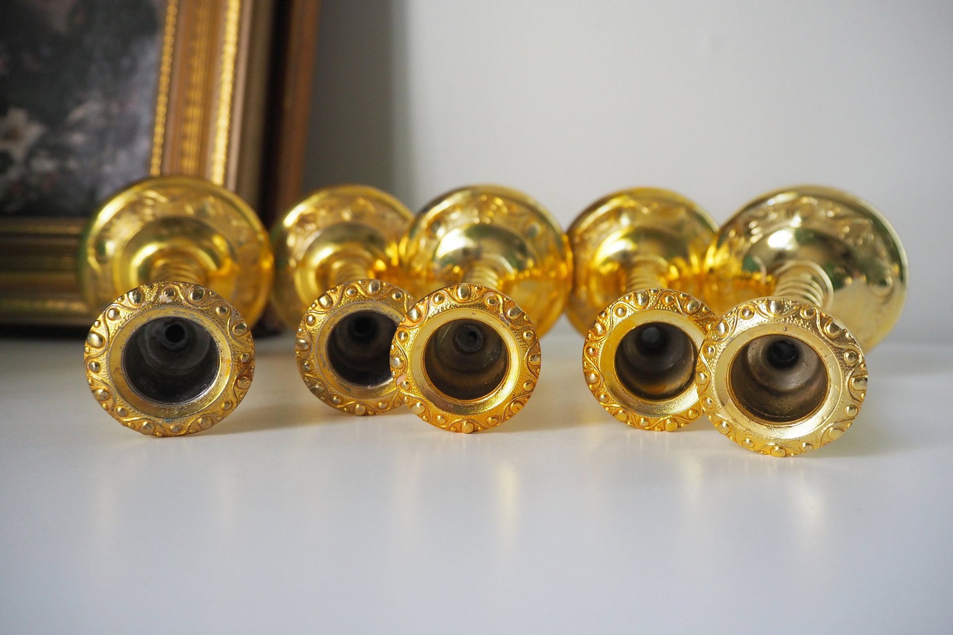 Set of five vintage candlestick holders | Gold plated candle holders | Vintage candle holder set | Made in England