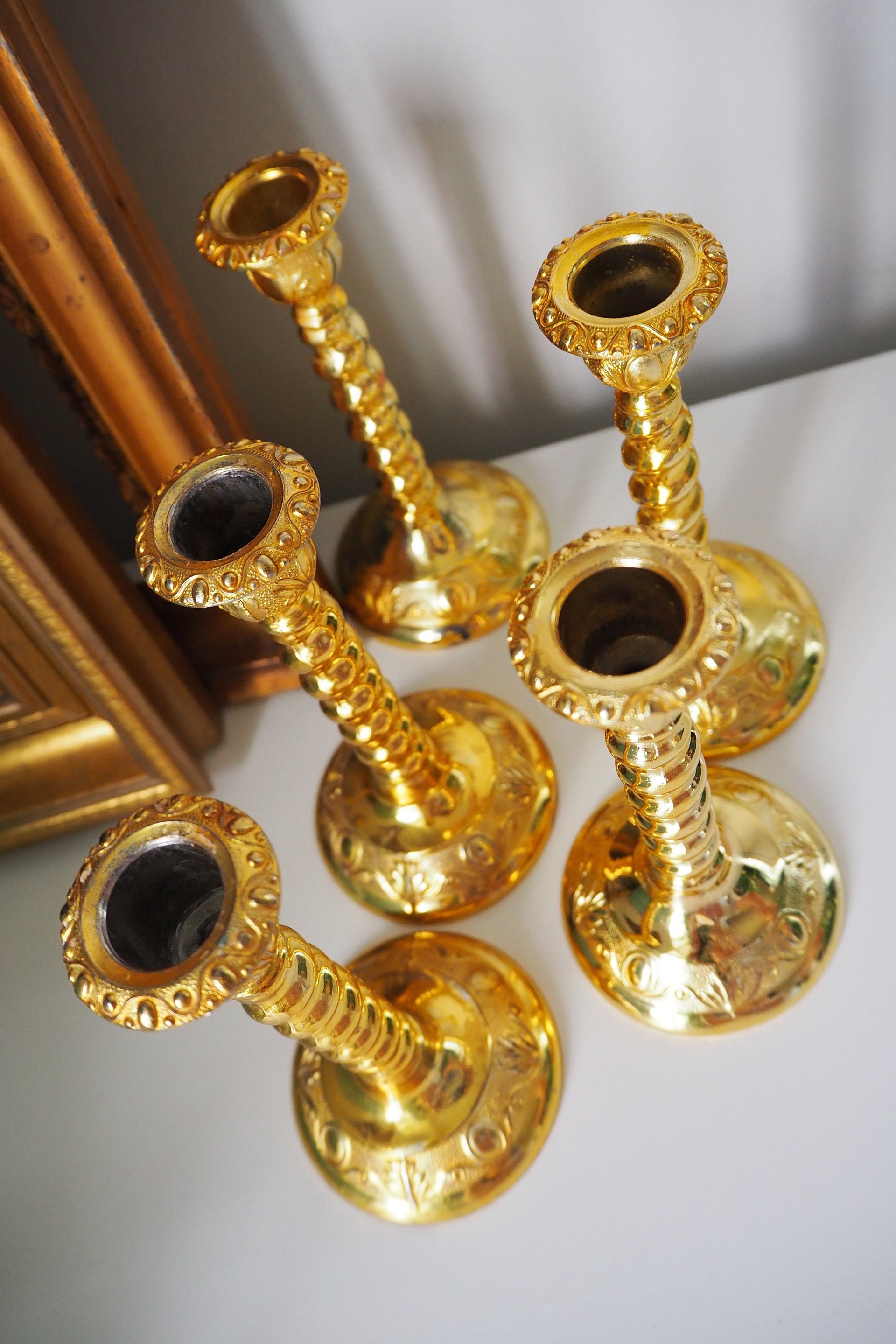 Set of five vintage candlestick holders | Gold plated candle holders | Vintage candle holder set | Made in England