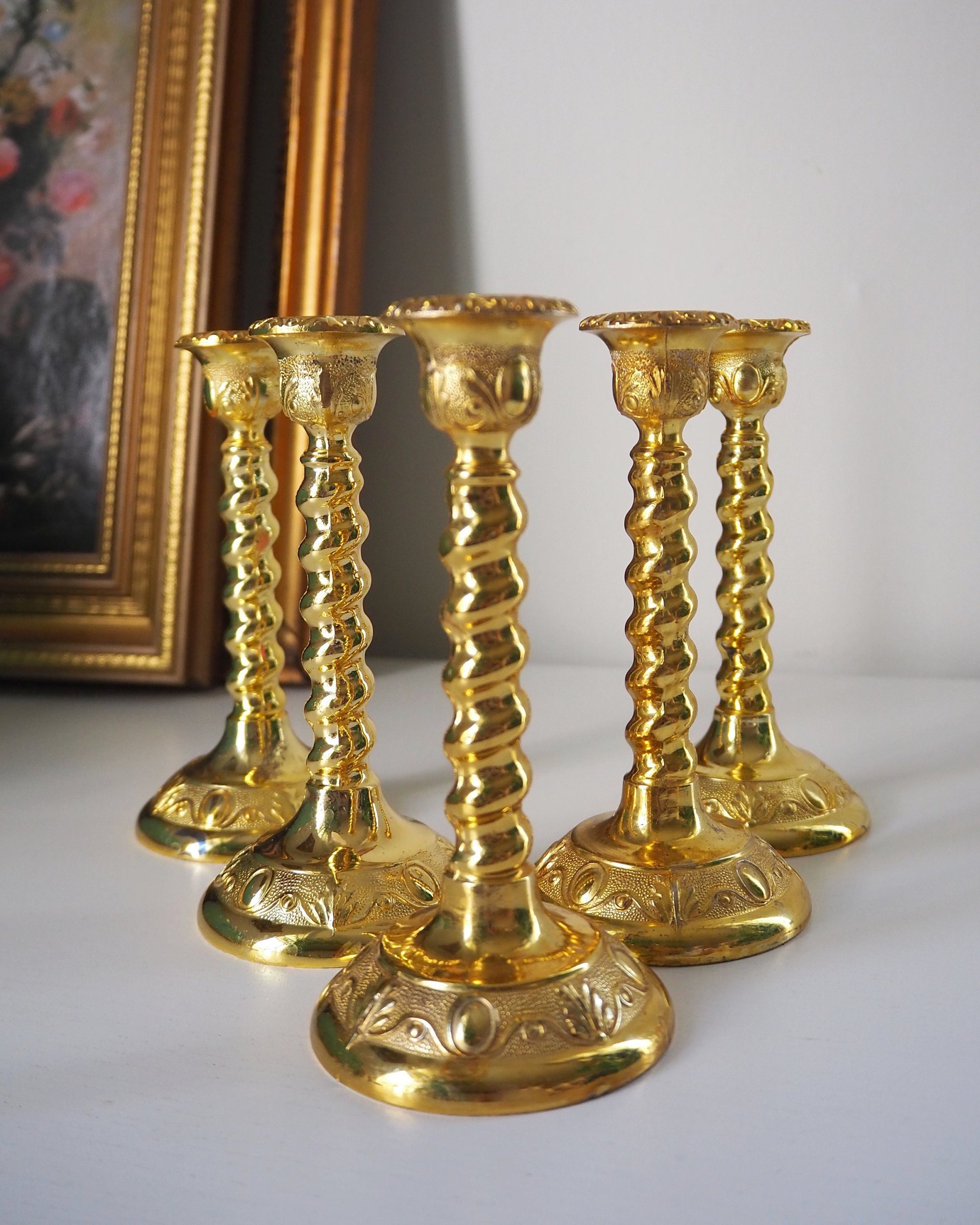Set of five vintage candlestick holders | Gold plated candle holders | Vintage candle holder set | Made in England