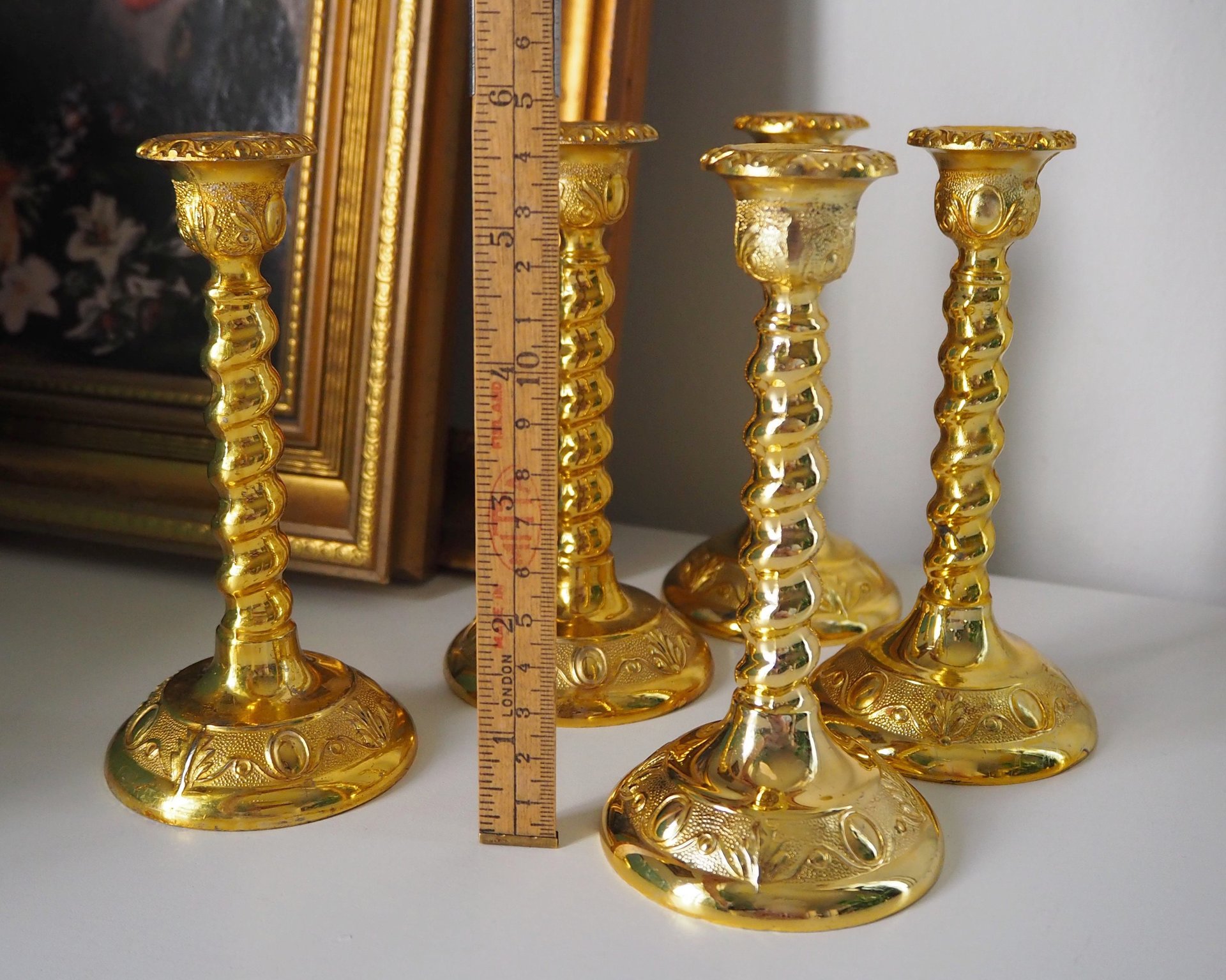 Set of five vintage candlestick holders | Gold plated candle holders | Vintage candle holder set | Made in England
