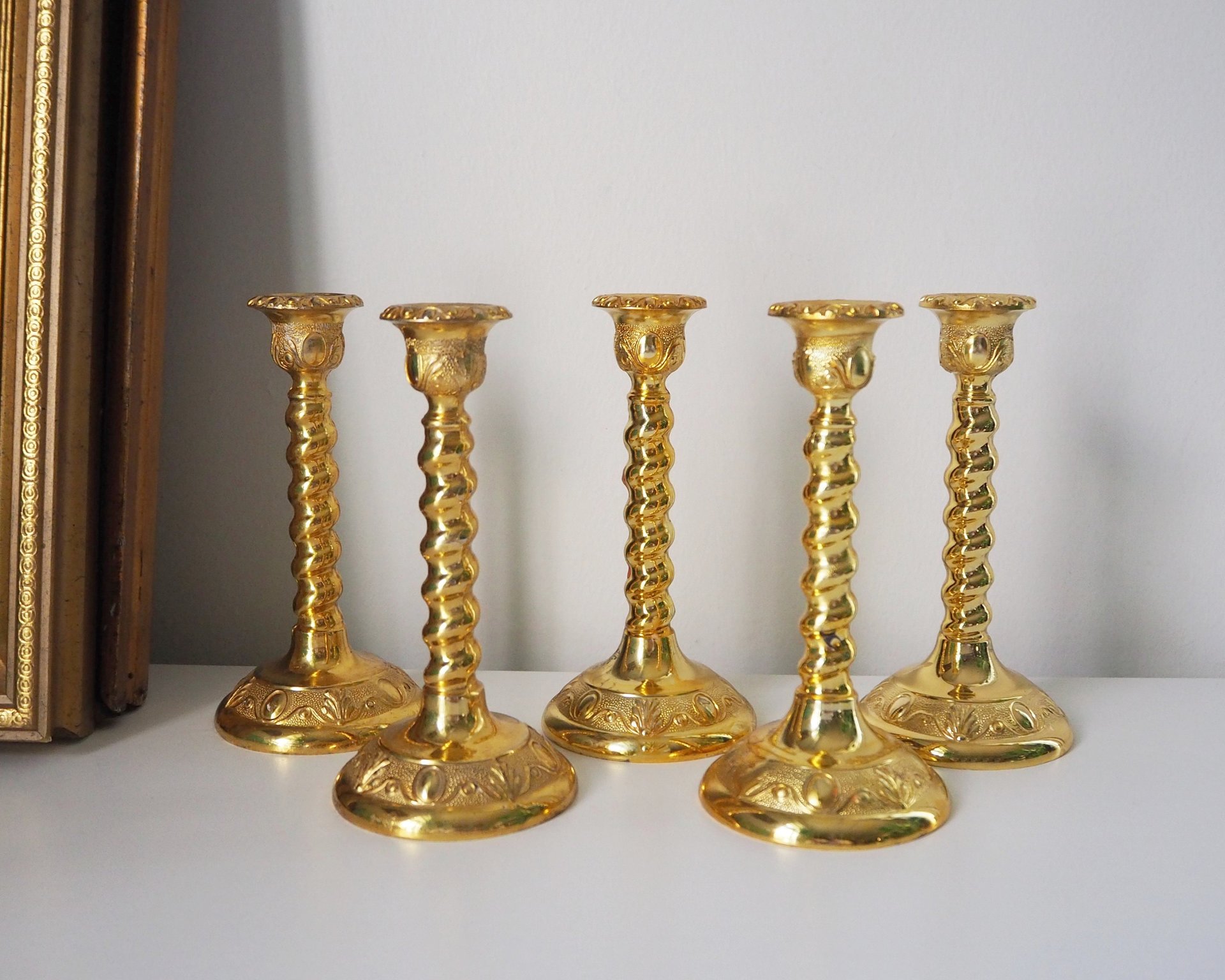 Set of five vintage candlestick holders | Gold plated candle holders | Vintage candle holder set | Made in England