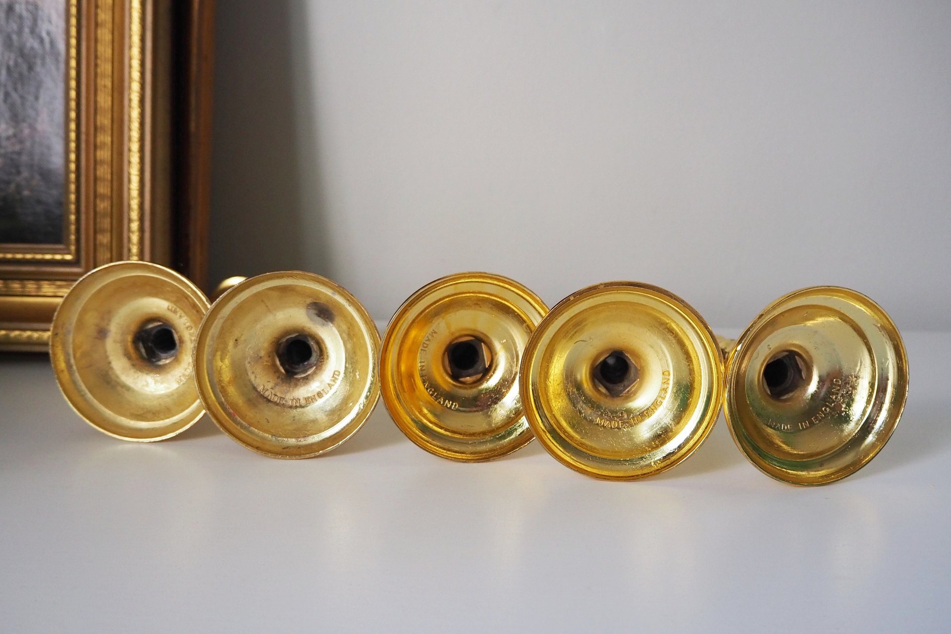 Set of five vintage candlestick holders | Gold plated candle holders | Vintage candle holder set | Made in England