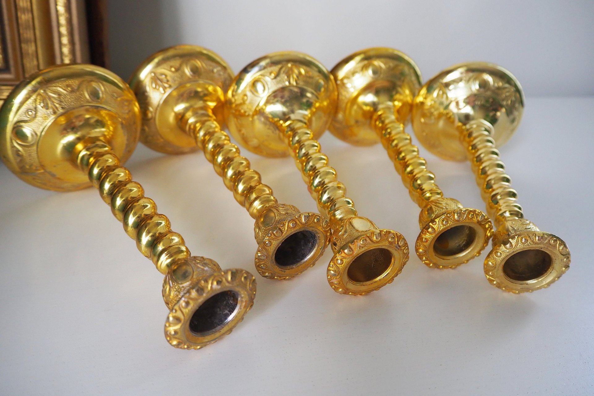 Set of five vintage candlestick holders | Gold plated candle holders | Vintage candle holder set | Made in England