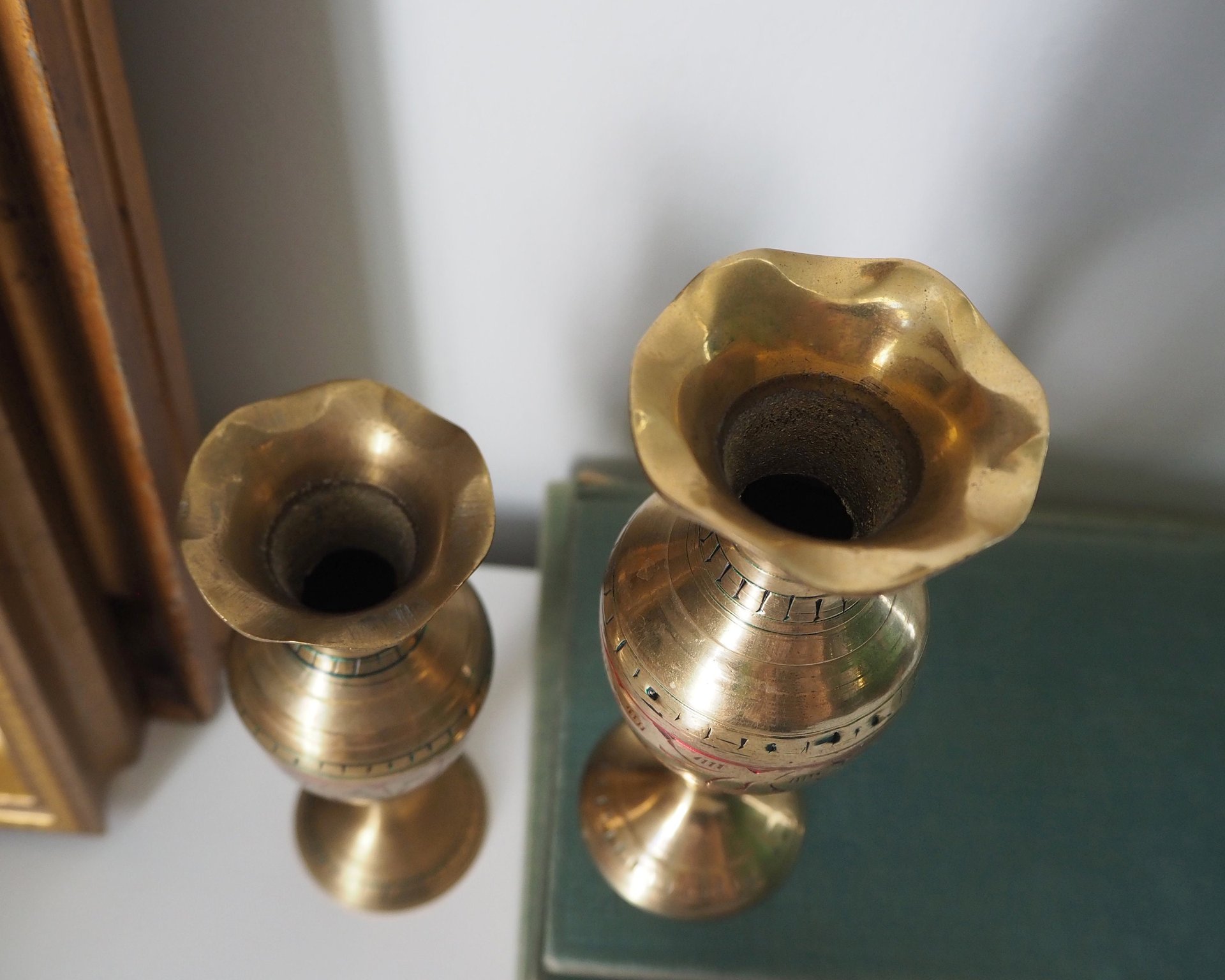 Set of two small vintage vases | Small brass vases | Vintage bud vase | Vintage single flower vases | Etched brass vases