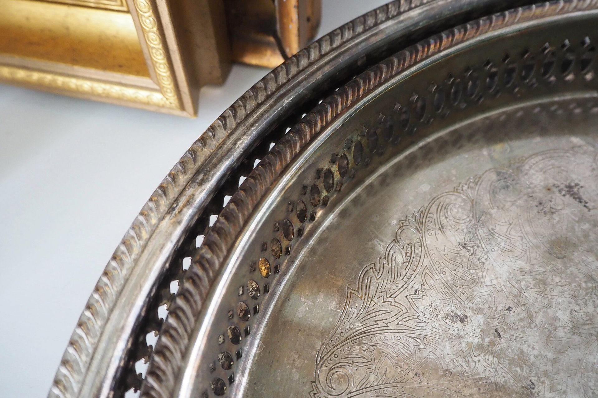 Set of two vintage silver plated trays | Vintage trays with a raised edge | Silver plated serving trays with a cutout rim