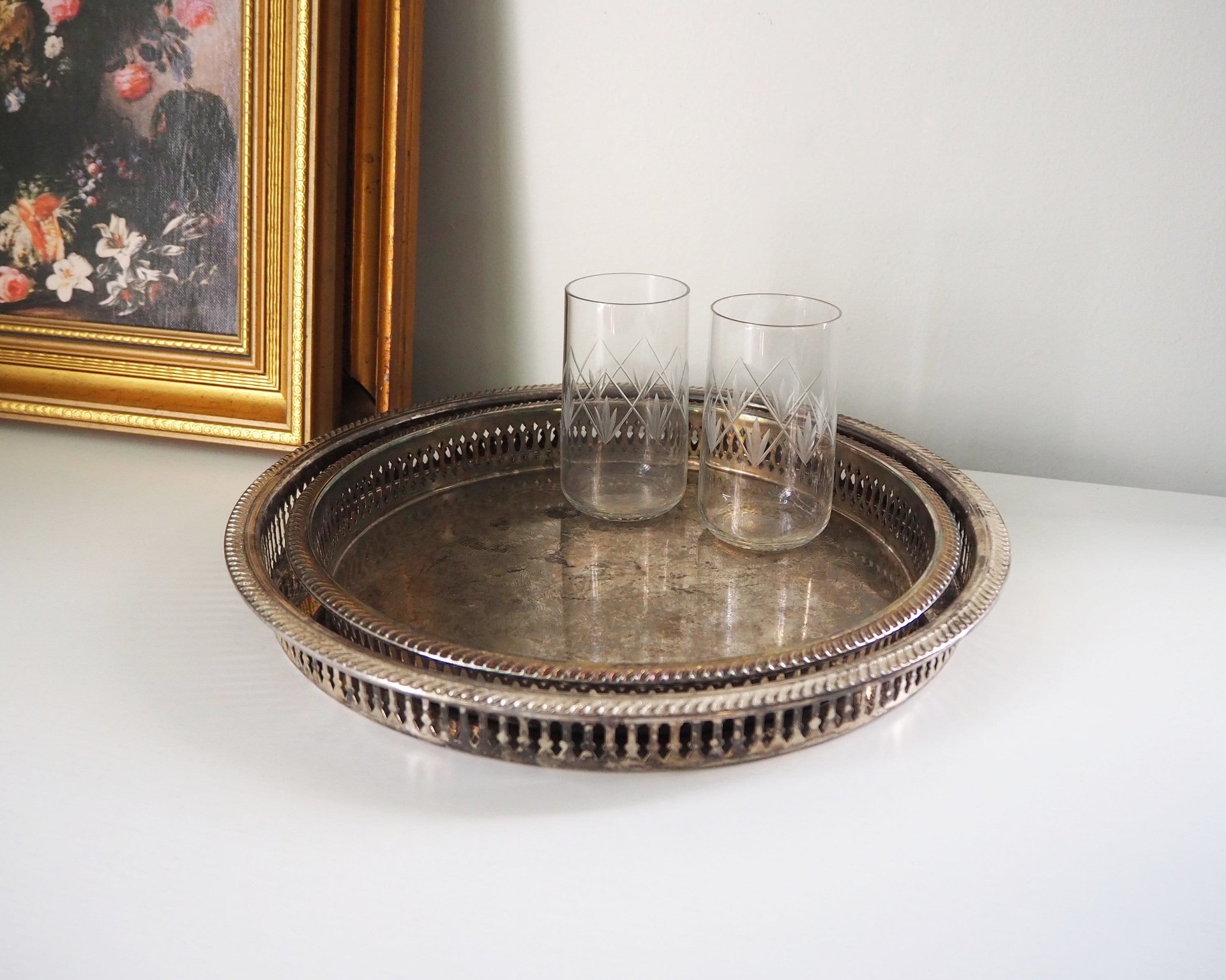 Set of two vintage silver plated trays | Vintage trays with a raised edge | Silver plated serving trays with a cutout rim