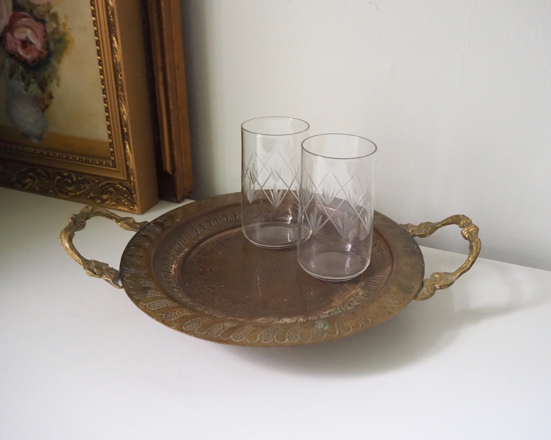 Vintage brass tray | Small brass tray with handles | Etched brass tray | Footed brass tray | Brass serving tray