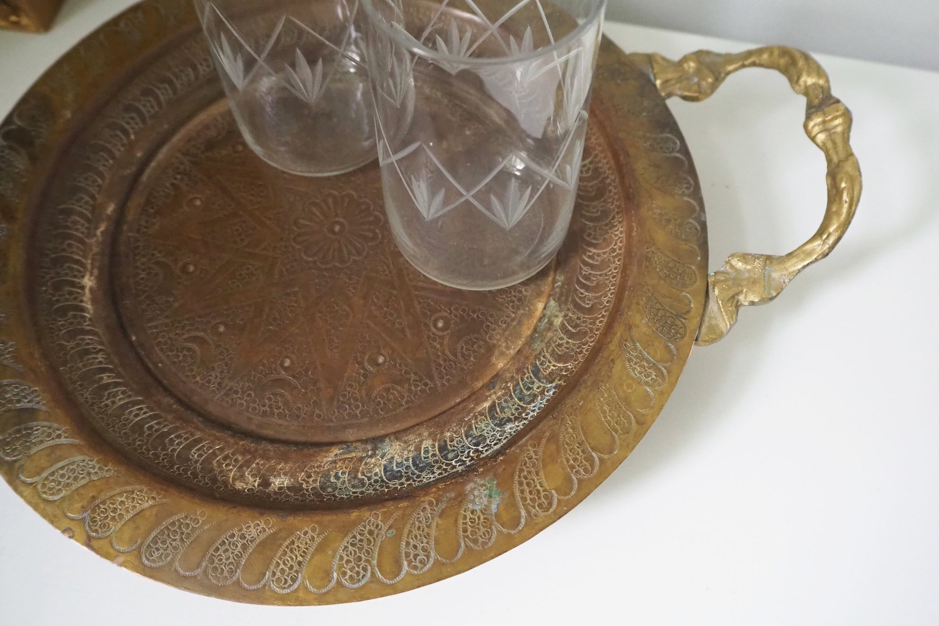 Vintage brass tray | Small brass tray with handles | Etched brass tray | Footed brass tray | Brass serving tray