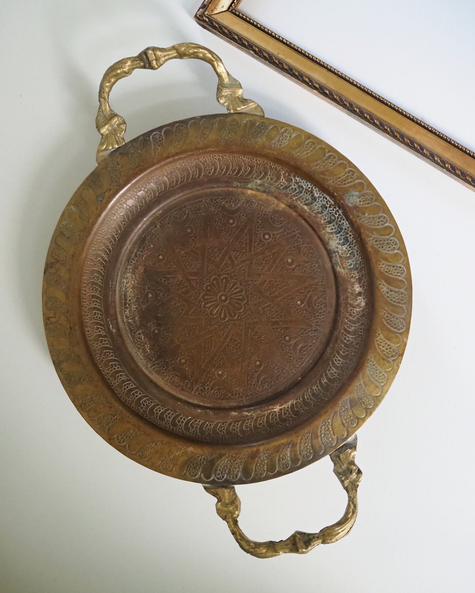 Vintage brass tray | Small brass tray with handles | Etched brass tray | Footed brass tray | Brass serving tray