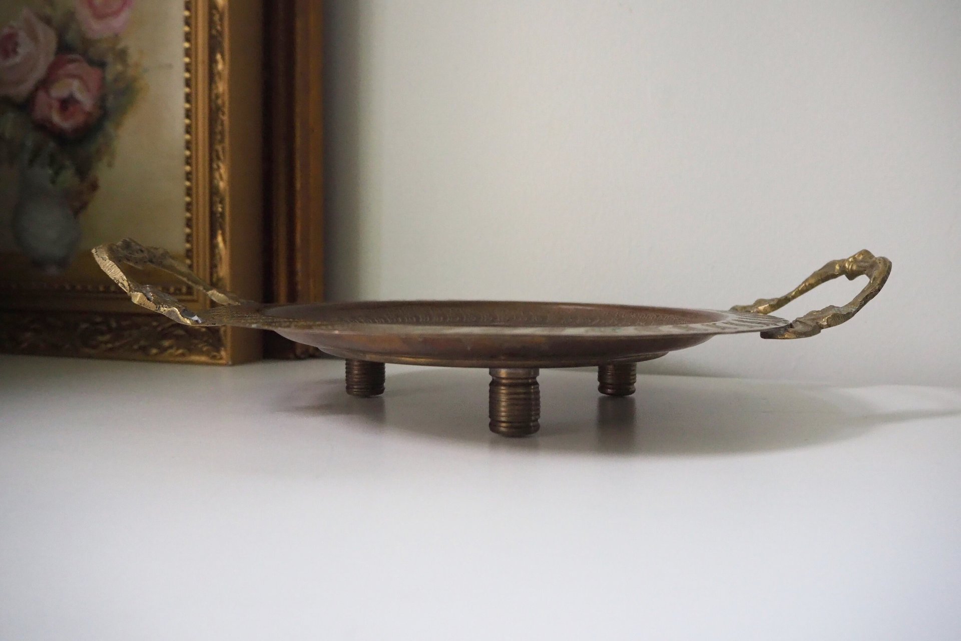 Vintage brass tray | Small brass tray with handles | Etched brass tray | Footed brass tray | Brass serving tray