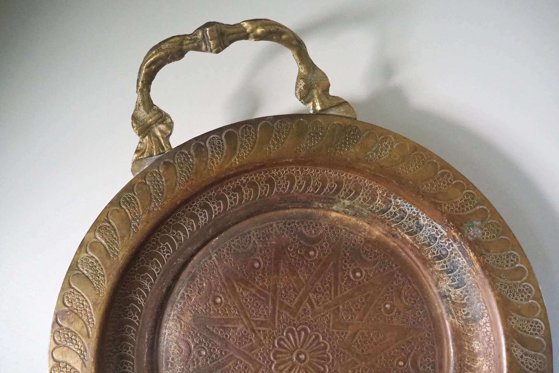 Vintage brass tray | Small brass tray with handles | Etched brass tray | Footed brass tray | Brass serving tray