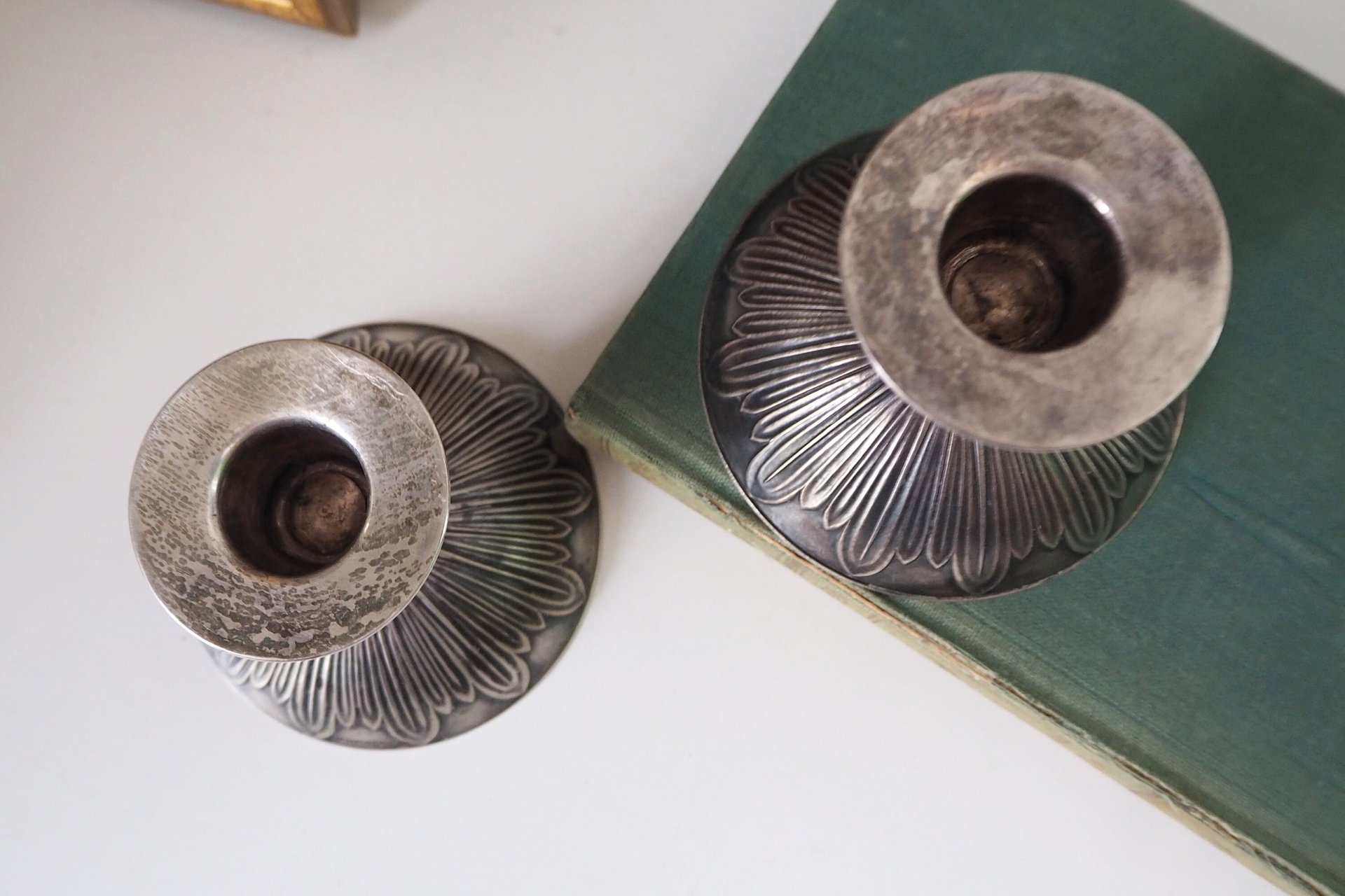 Pair of vintage candlestick holders | Alpacca silver candlestick holders | Floral alpacca silver candlestick holders