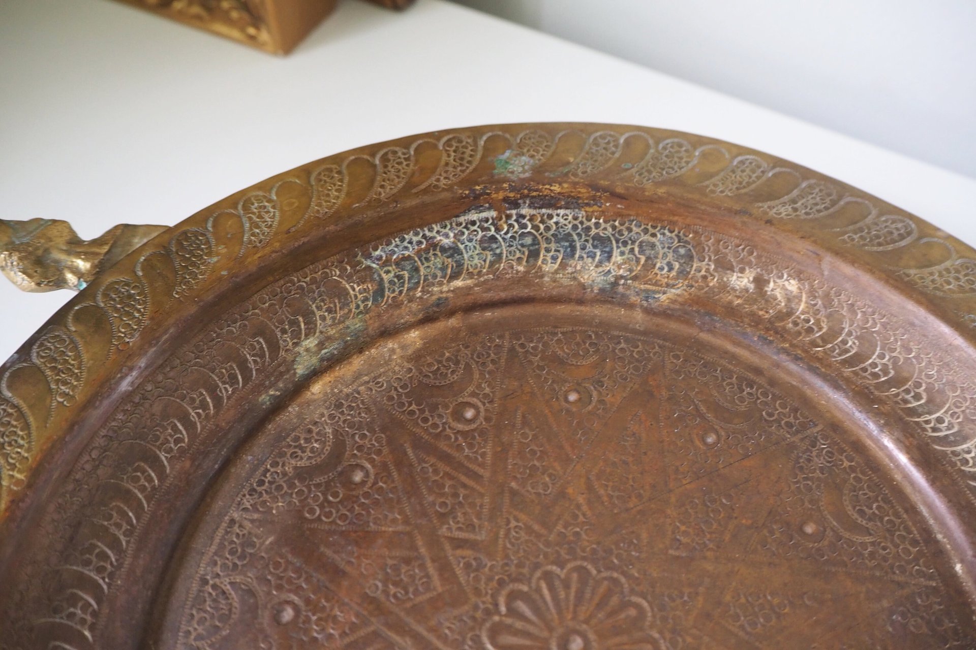 Vintage brass tray | Small brass tray with handles | Etched brass tray | Footed brass tray | Brass serving tray
