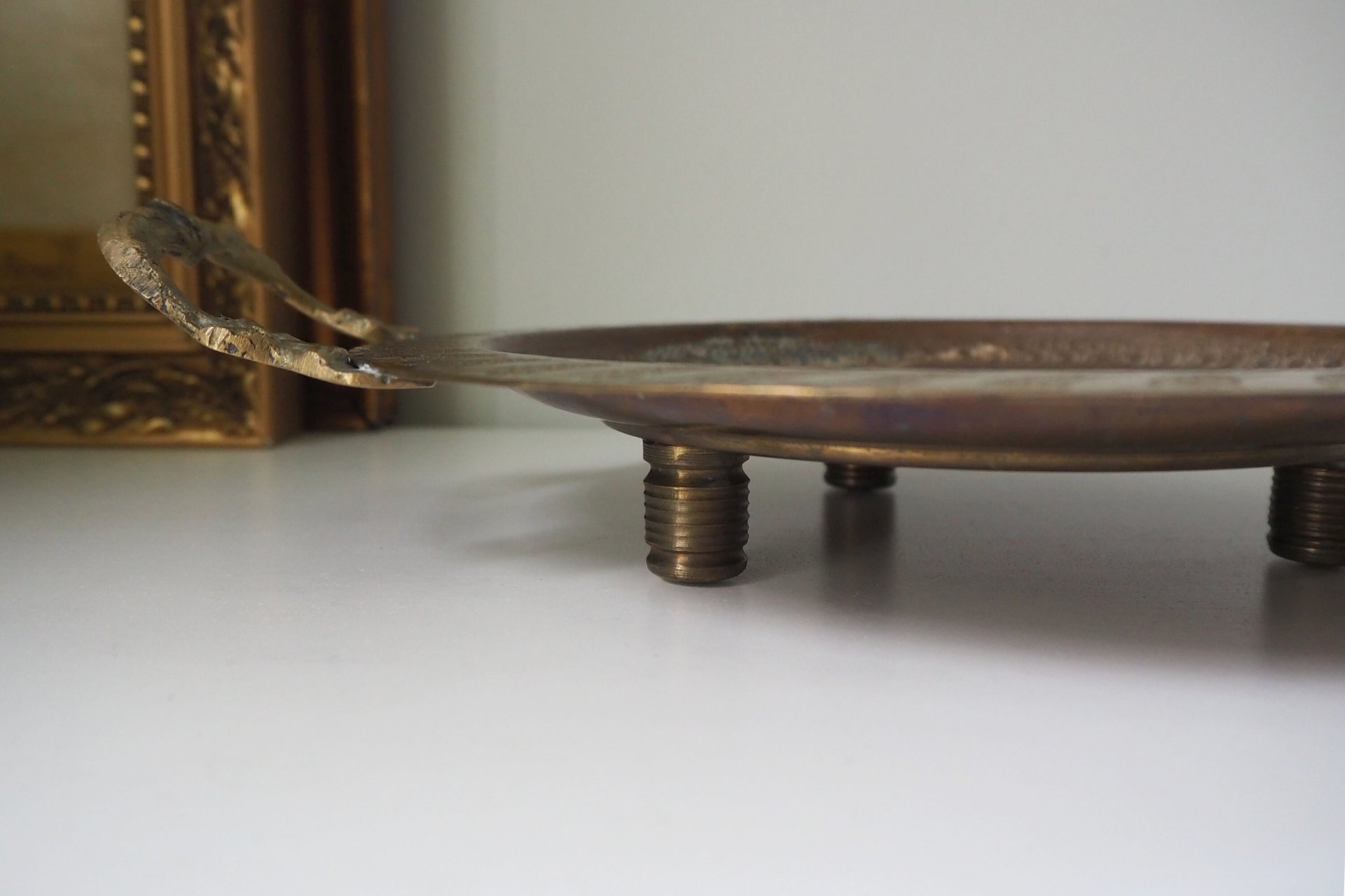 Vintage brass tray | Small brass tray with handles | Etched brass tray | Footed brass tray | Brass serving tray