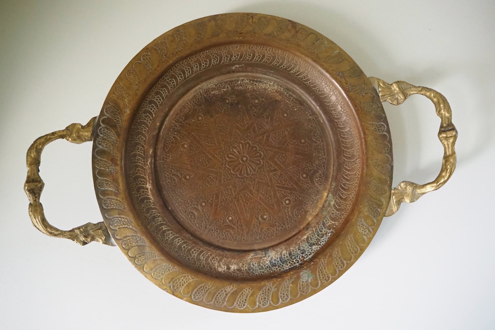 Vintage brass tray | Small brass tray with handles | Etched brass tray | Footed brass tray | Brass serving tray