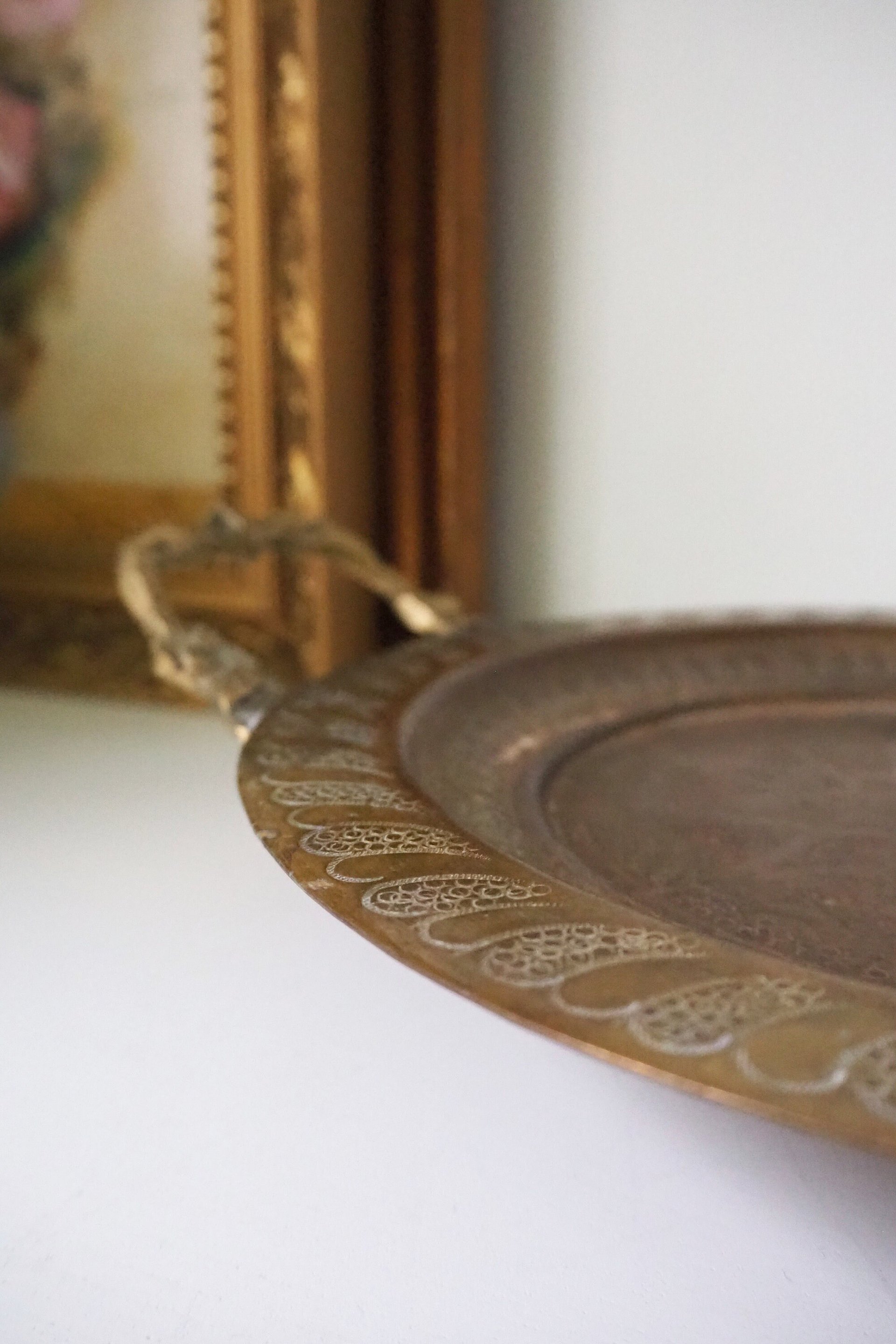Vintage brass tray | Small brass tray with handles | Etched brass tray | Footed brass tray | Brass serving tray