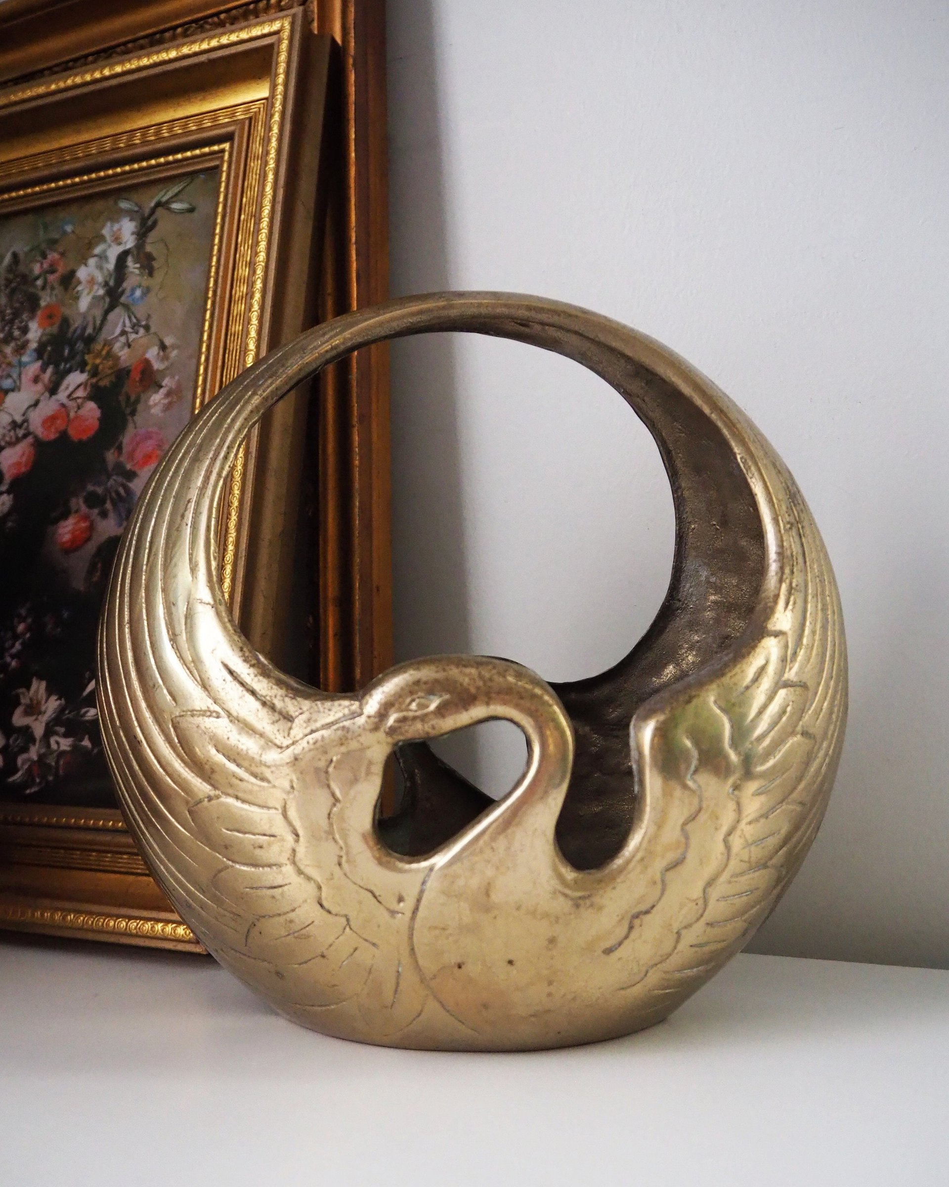 Vintage swan basket planter | Brass planter | Large vintage planter | Brass swan planter | Round swan planter