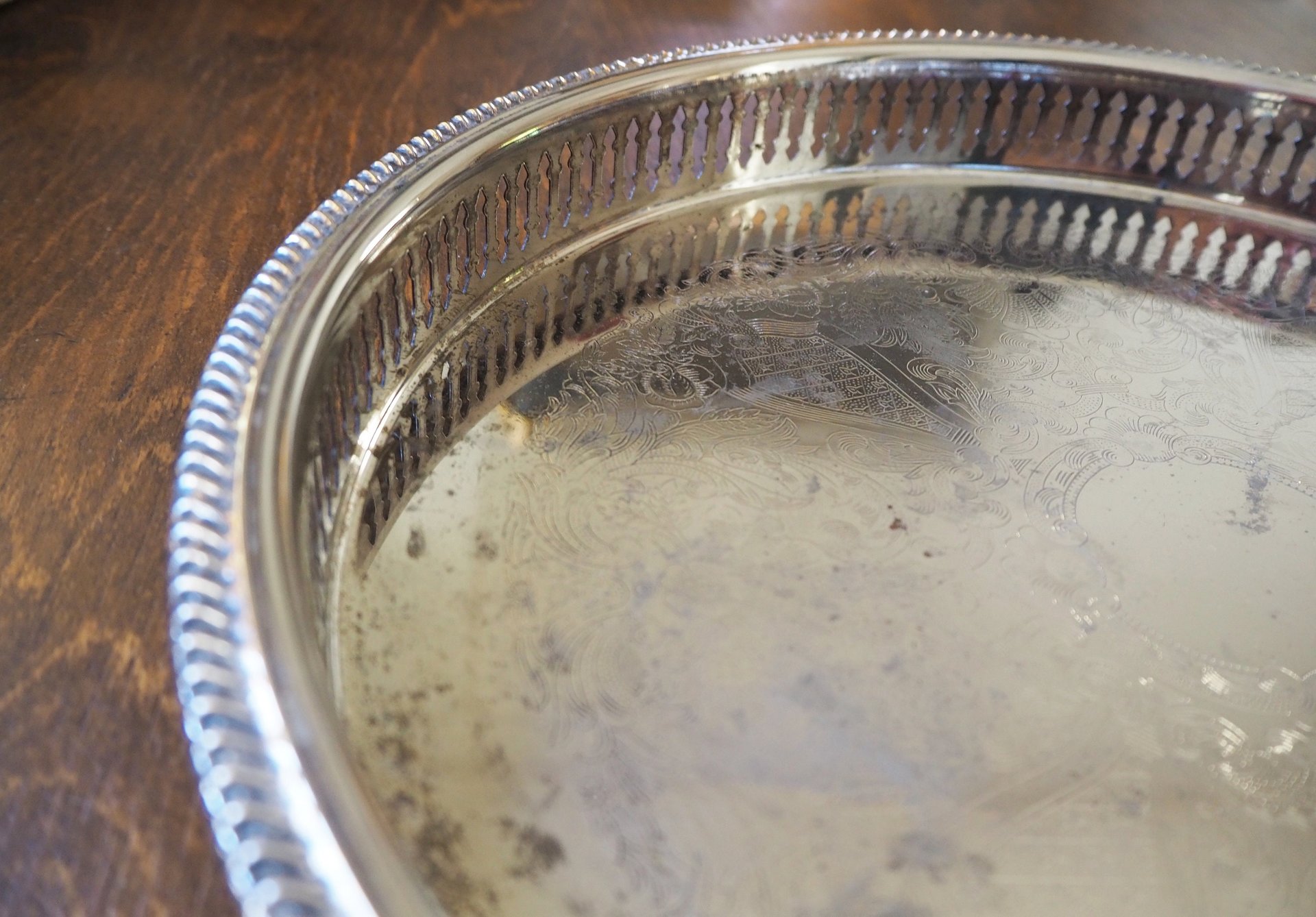 Vintage silver plated tray | Vintage tray with a raised edge | Silver plated serving tray with a cutout rim | Vintage decorative tray
