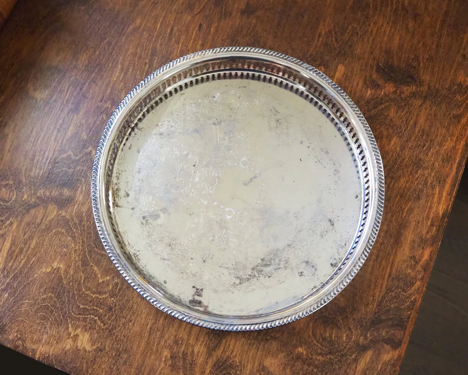 Vintage silver plated tray | Vintage tray with a raised edge | Silver plated serving tray with a cutout rim | Vintage decorative tray