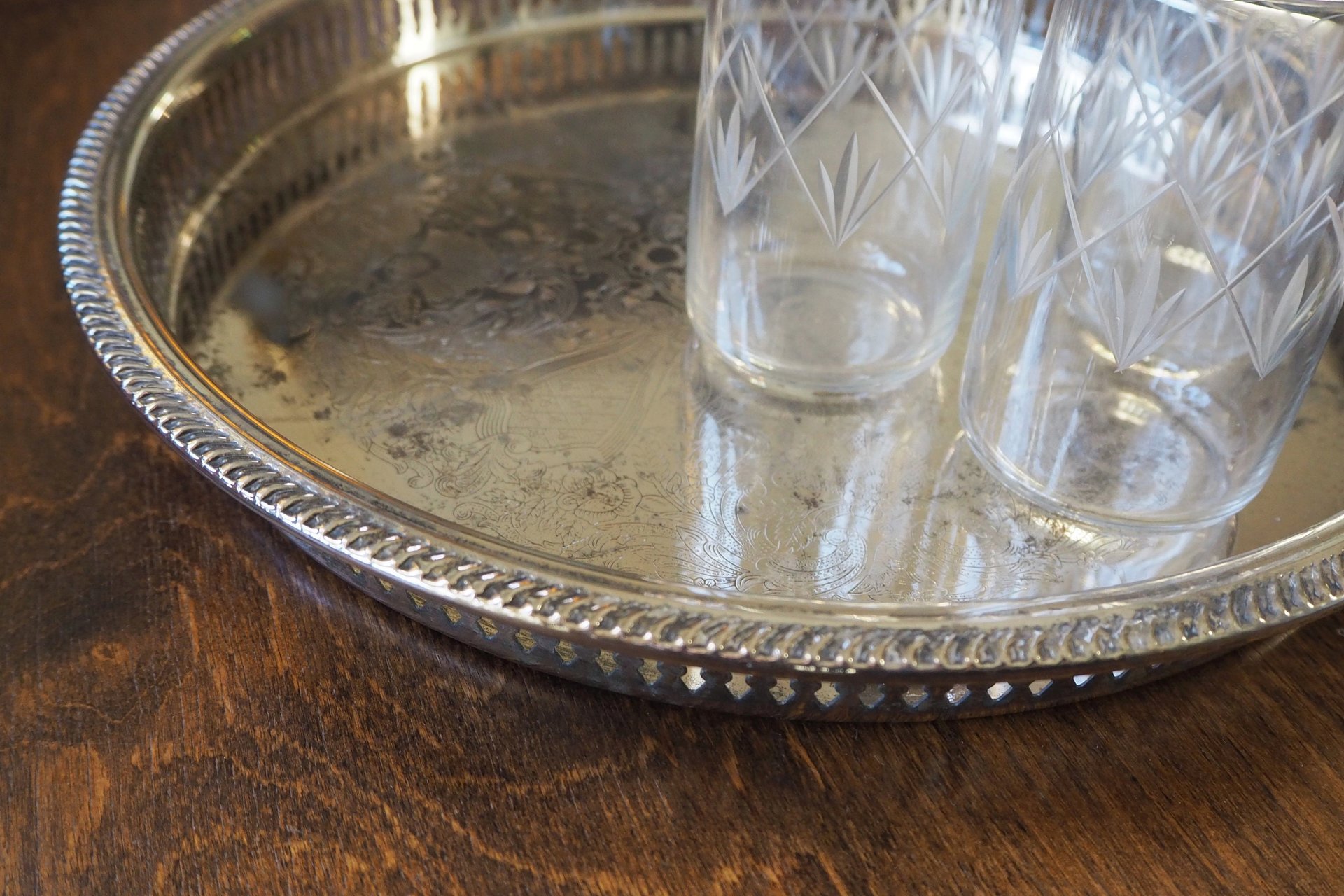 Vintage silver plated tray | Vintage tray with a raised edge | Silver plated serving tray with a cutout rim | Vintage decorative tray