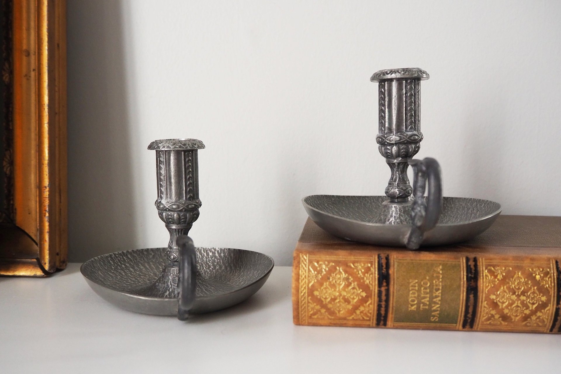 Set of two vintage candlestick holders | Norsk Tinn pewter candlestick holders | Norwegian chamber style candle holders