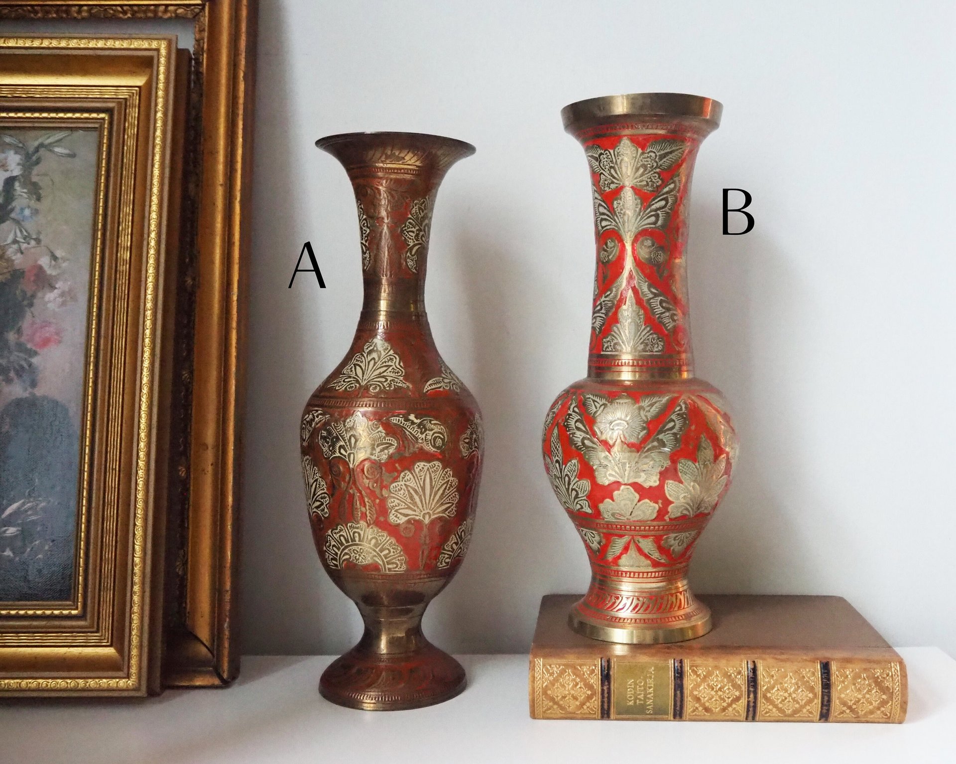 Vintage brass vase | Large enamelled brass vase | Vintage brass vases | Tall brass vase | Vintage vase | Brass and red vase