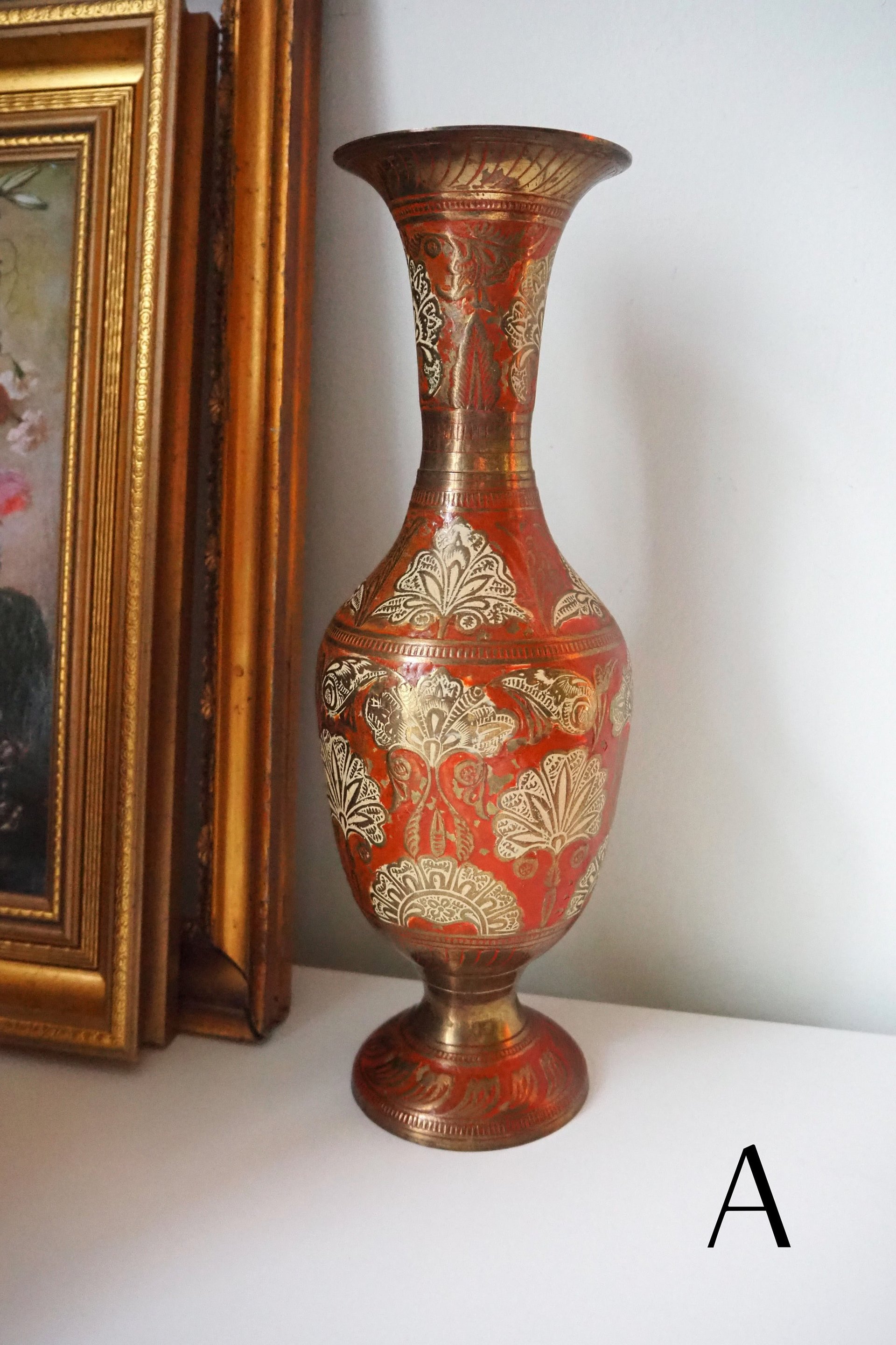 Vintage brass vase | Large enamelled brass vase | Vintage brass vases | Tall brass vase | Vintage vase | Brass and red vase