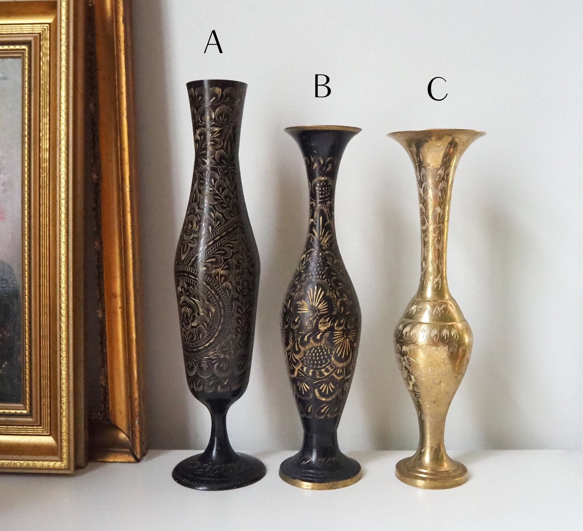Vintage brass vase | Etched brass vases | Vintage bud vase | Vintage single flower vases | Black and brass vases