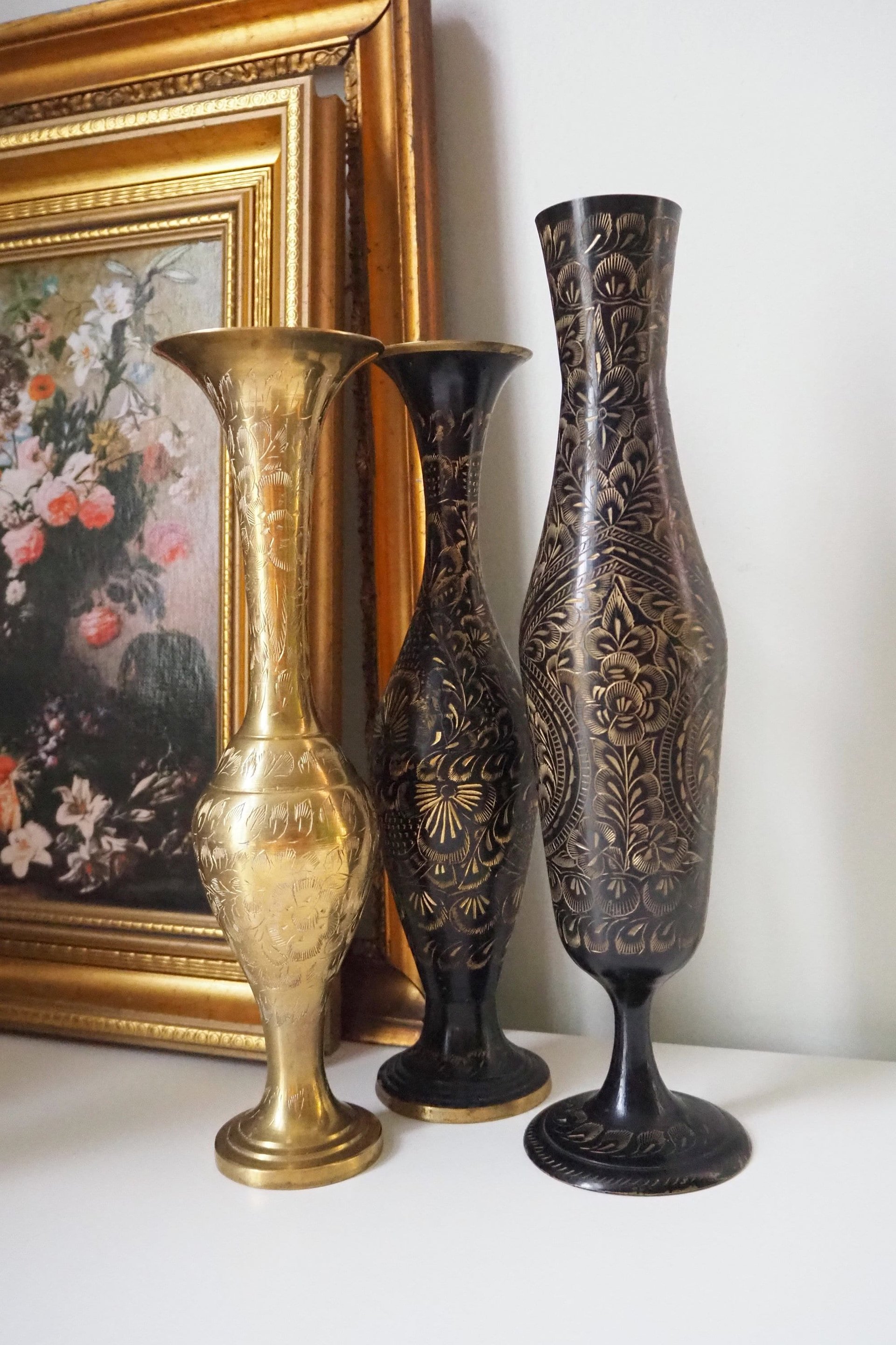 Vintage brass vase | Etched brass vases | Vintage bud vase | Vintage single flower vases | Black and brass vases