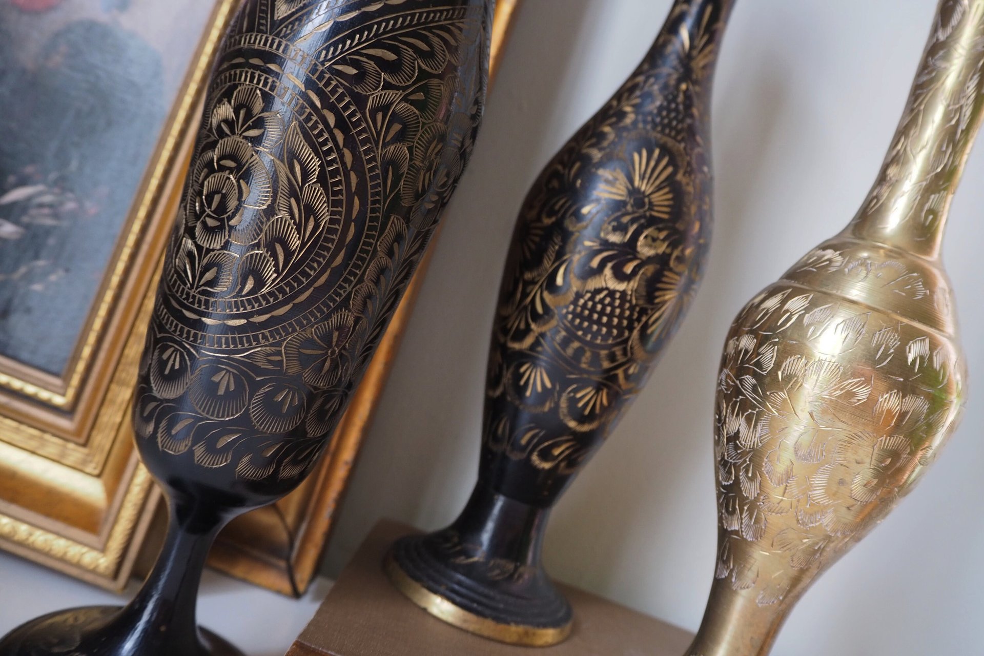 Vintage brass vase | Etched brass vases | Vintage bud vase | Vintage single flower vases | Black and brass vases