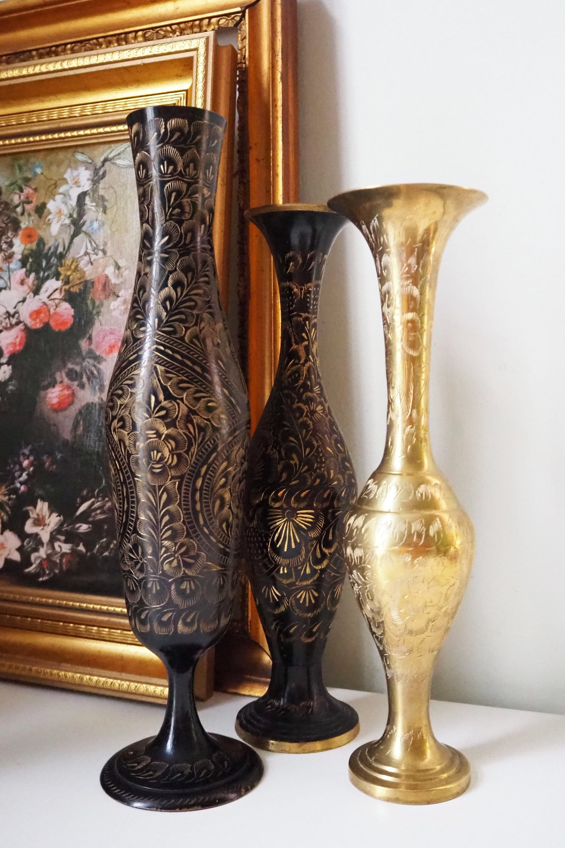 Vintage brass vase | Etched brass vases | Vintage bud vase | Vintage single flower vases | Black and brass vases