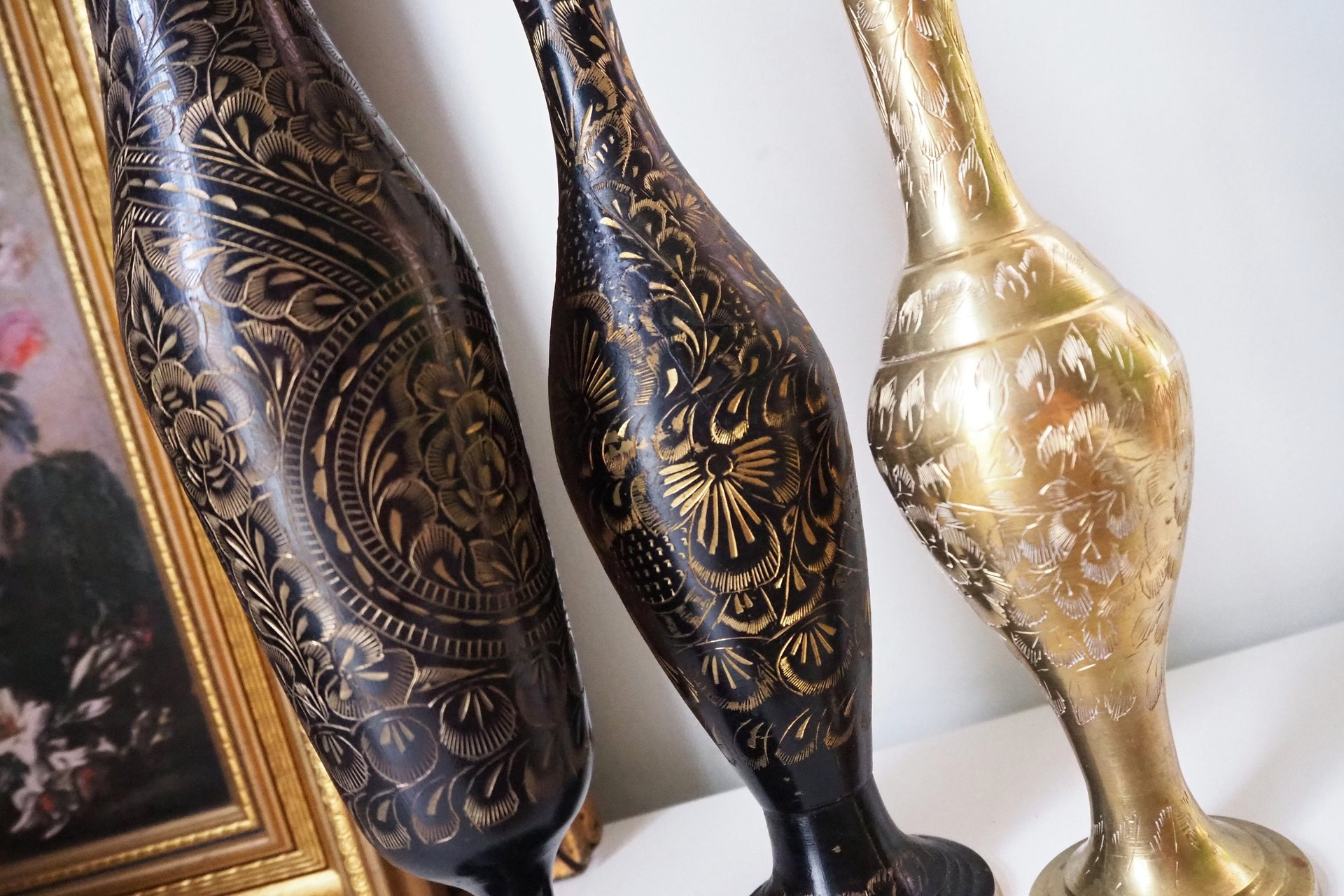 Vintage brass vase | Etched brass vases | Vintage bud vase | Vintage single flower vases | Black and brass vases
