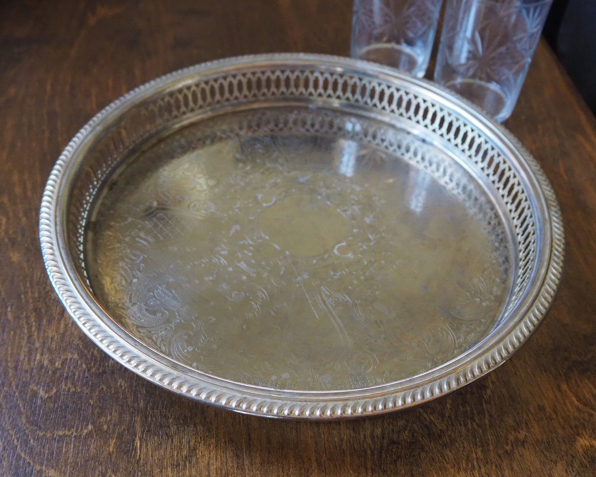 Vintage silver plated tray | Vintage tray with a raised edge | Silver plated serving tray with a cutout rim | Vintage decorative tray