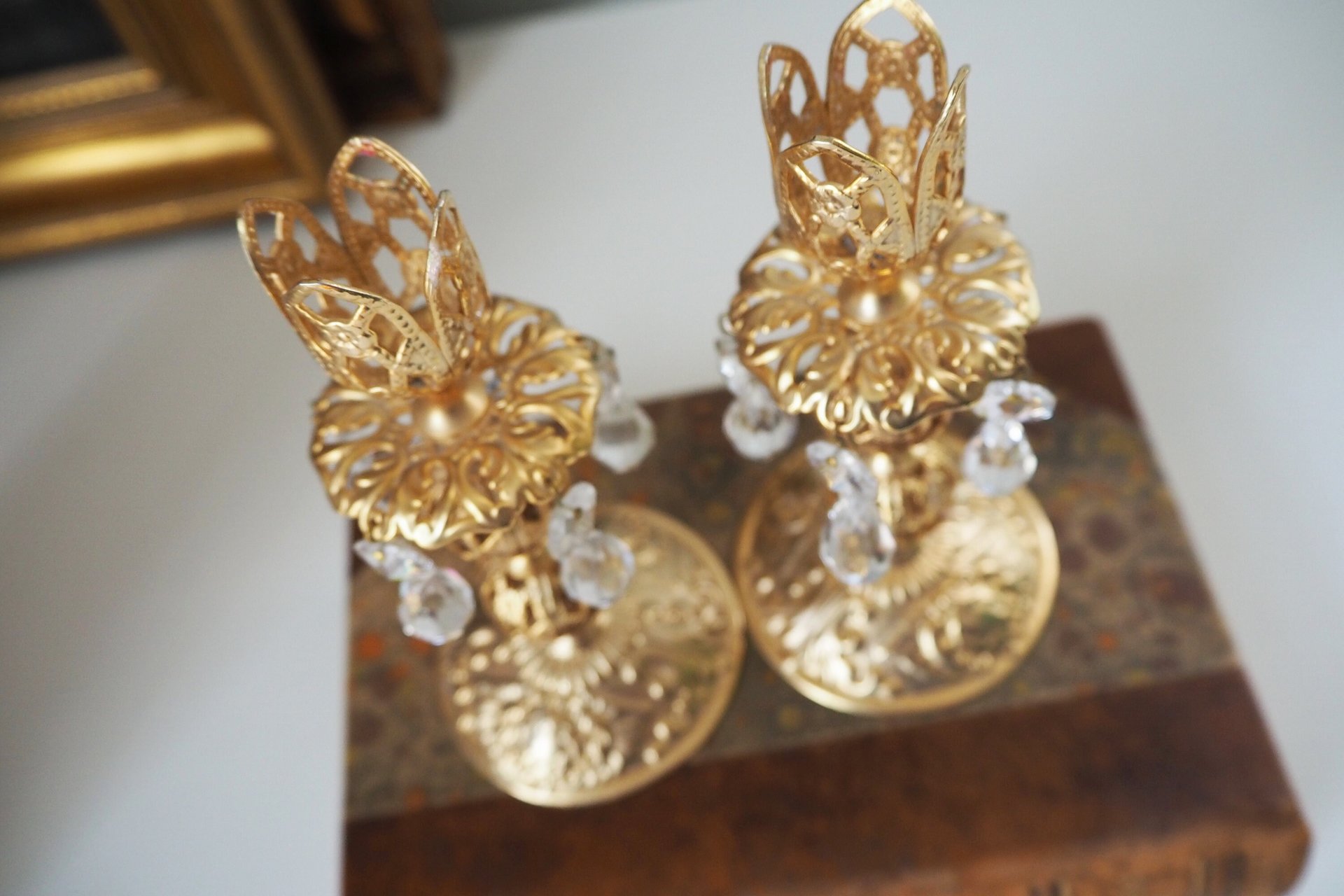 Vintage candlestick holder pair | Gold plated crystal candlestick holders | Ornate candlestick holders | Crystal candlestick holders