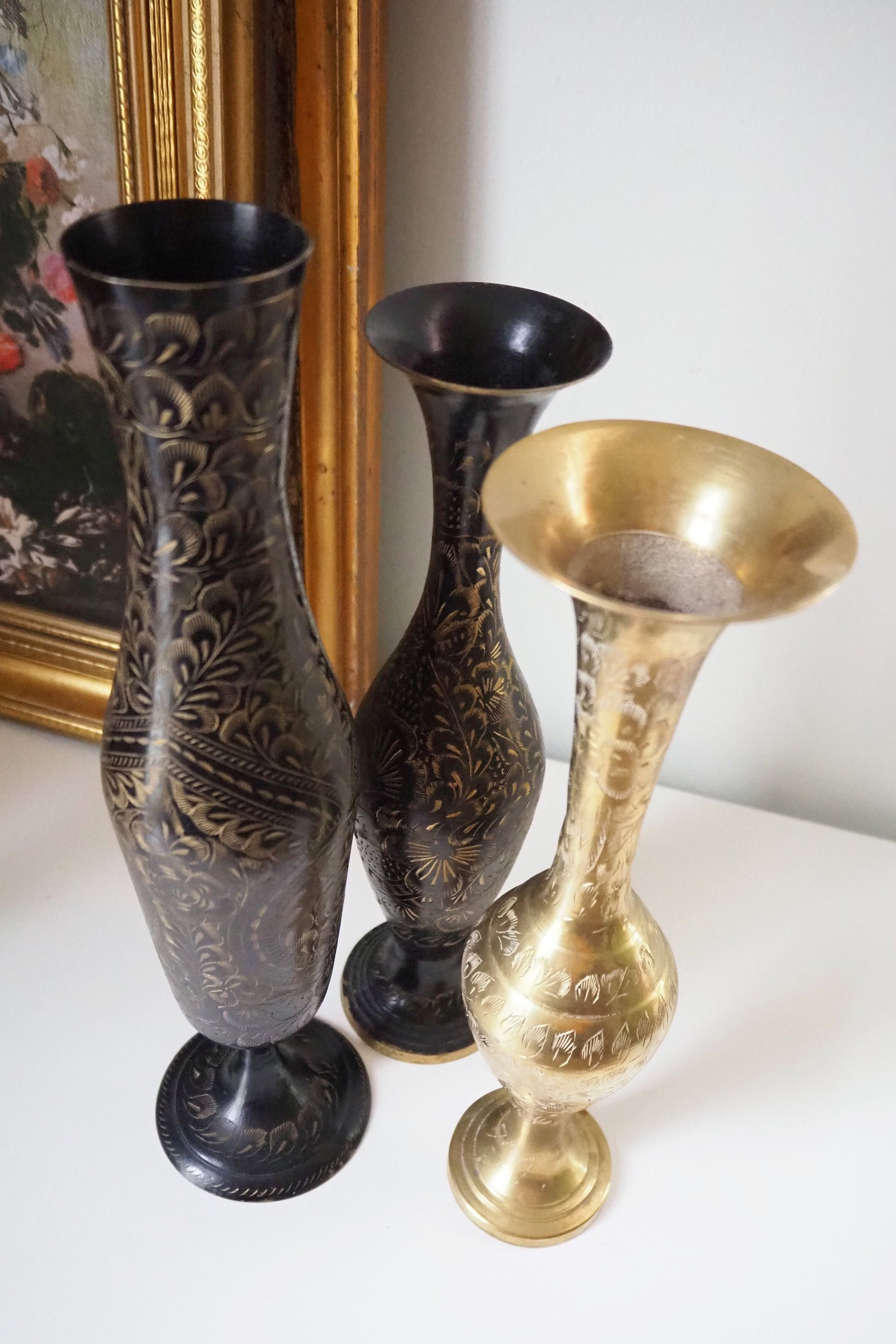Vintage brass vase | Etched brass vases | Vintage bud vase | Vintage single flower vases | Black and brass vases